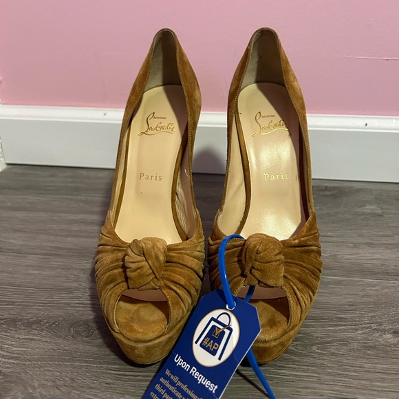 Christian Louboutin Shoes - Christian Louboutin Greissimo 140 Suede Camel Platform Peep Toe Pumps Size 41